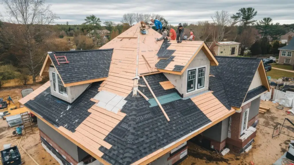 New asphalt shingle roof being installed on a house