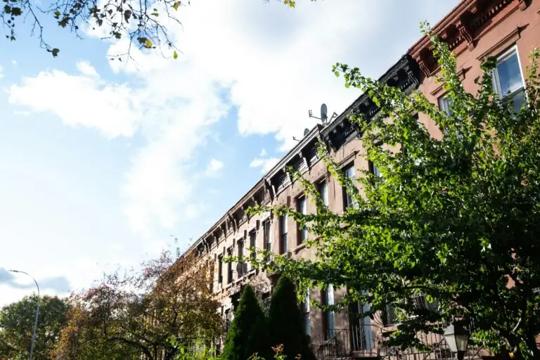 Row of brick townhouses on a tree-lined street